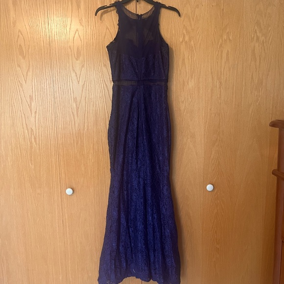 PromGirl Navy Blue Lace Mermaid Dress with Mesh Paneling - Picture 4 of 5